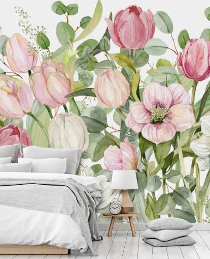 lyserødt og grønt blomstertapet vægmaleri kaldet Spring Fling af Carol Robinson til soveværelser og lounger lyserødt og grønt blomstertapet vægmaleri kaldet Spring Fling af Carol Robinson til soveværelser og lounger