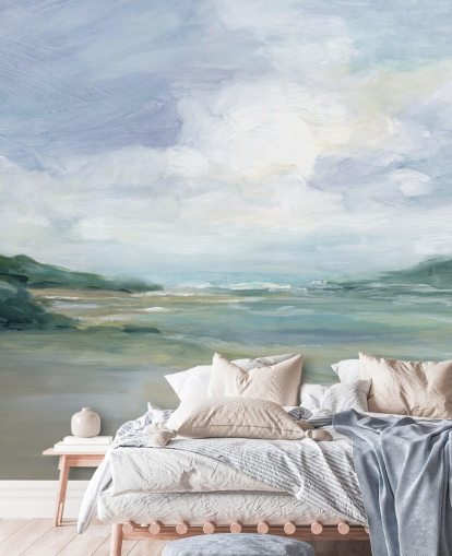 painted beach wallpaper mural called Wet Sandy Beaches by Carol Robinson for home offices and living rooms