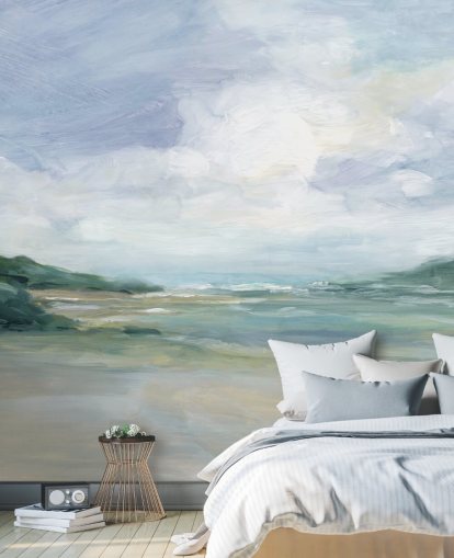painted beach wallpaper mural called Wet Sandy Beaches by Carol Robinson for home offices and living rooms