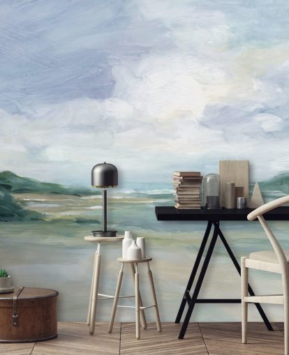 mural de papel pintado de playa llamado Wet Sandy Beaches de Carol Robinson para oficinas en casa y salas de estar