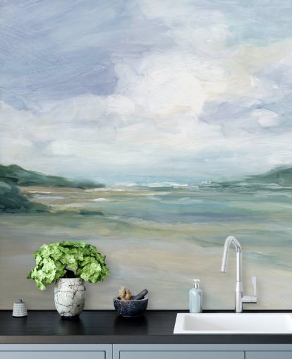 mural de papel pintado de playa llamado Wet Sandy Beaches de Carol Robinson para oficinas en casa y salas de estar