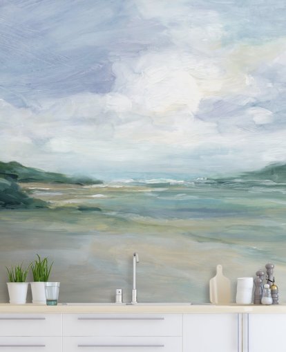 mural de papel de parede de praia pintado chamado Wet Sandy Beaches de Carol Robinson para escritórios domésticos e salas de estar