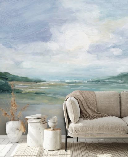 painted beach wallpaper mural called Wet Sandy Beaches by Carol Robinson for home offices and living rooms