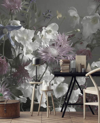 gewaagde bloemenbehangmuurschildering genaamd Anemonies van Marina Stupakova voor woon- en slaapkamers