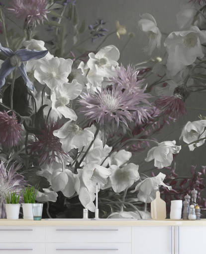djärv blommig tapetväggmålning kallad Anemonies av Marina Stupakova för vardagsrum och sovrum