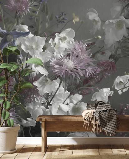 gewaagde bloemenbehangmuurschildering genaamd Anemonies van Marina Stupakova voor woon- en slaapkamers gewaagde bloemenbehangmuurschildering genaamd Anemonies van Marina Stupakova voor woon- en slaapkamers