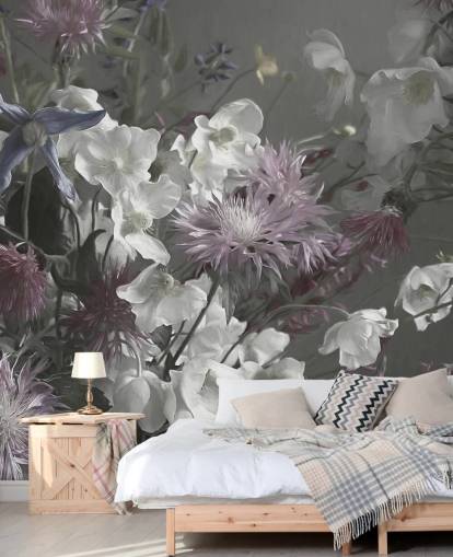 gewaagde bloemenbehangmuurschildering genaamd Anemonies van Marina Stupakova voor woon- en slaapkamers