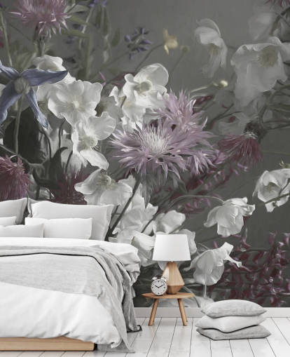 gewaagde bloemenbehangmuurschildering genaamd Anemonies van Marina Stupakova voor woon- en slaapkamers