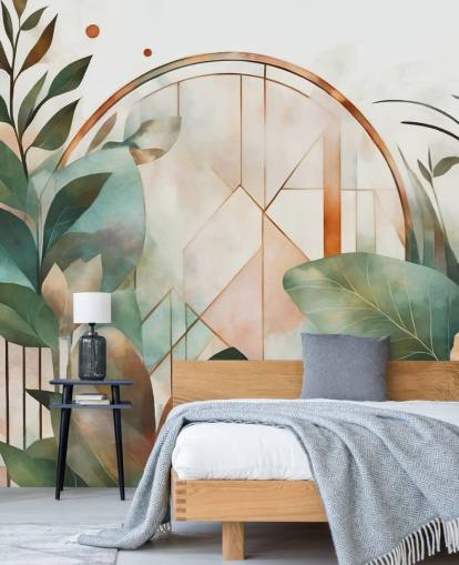 peach and green art deco floral wallpaper mural called Art Deco Floral Geometry by Marina Stupakova