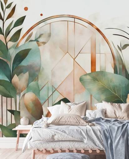 mural de papel de parede floral art déco verde e pêssego chamado Art Deco Floral Geometry de Marina Stupakova mural de papel de parede floral art déco verde e pêssego chamado Art Deco Floral Geometry de Marina Stupakova