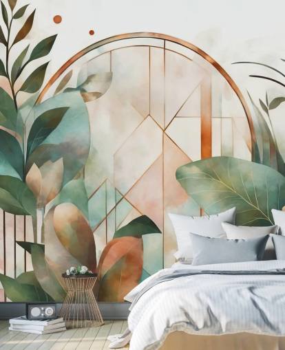 fersken og grøn art deco blomstertapet vægmaleri kaldet Art Deco Floral Geometry af Marina Stupakova