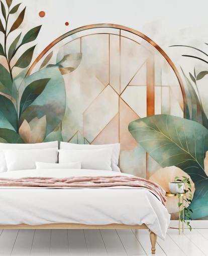 peach and green art deco floral wallpaper mural called Art Deco Floral Geometry by Marina Stupakova