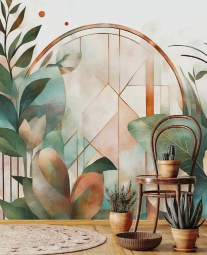 Marina Stupakovan persikka- ja vihreän art deco -kukkatapetin seinämaalaus nimeltä Art Deco Floral Geometry