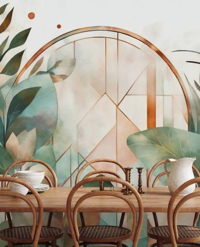 mural de papel pintado floral art deco de melocotón y verde llamado Art Deco Floral Geometry de Marina Stupakova