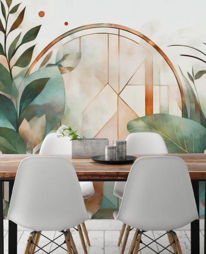 mural de papel de parede floral art déco verde e pêssego chamado Art Deco Floral Geometry de Marina Stupakova