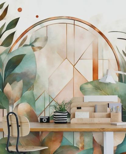 papier peint floral art déco pêche et vert appelé Art Deco Floral Geometry par Marina Stupakova