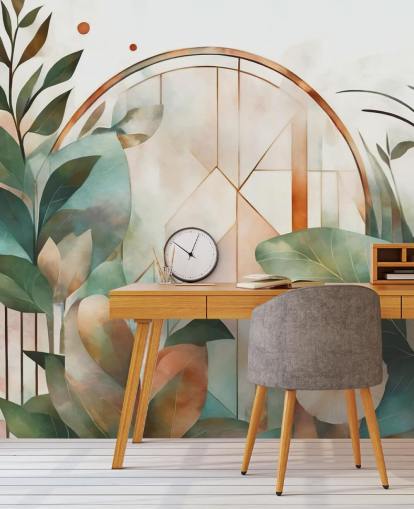 papier peint floral art déco pêche et vert appelé Art Deco Floral Geometry par Marina Stupakova