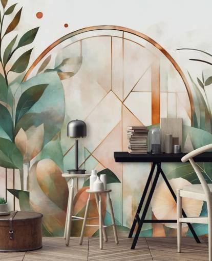 mural de papel de parede floral art déco verde e pêssego chamado Art Deco Floral Geometry de Marina Stupakova