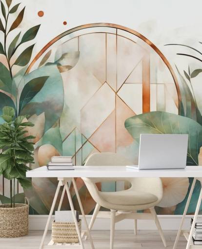 persika och grön art deco blommig tapetväggmålning kallad Art Deco Floral Geometry av Marina Stupakova