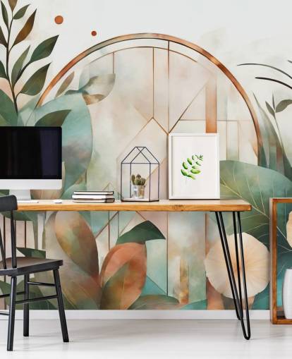 pfirsichfarbenes und grünes Art-Deco-Blumentapetenwandbild namens Art Deco Floral Geometry von Marina Stupakova