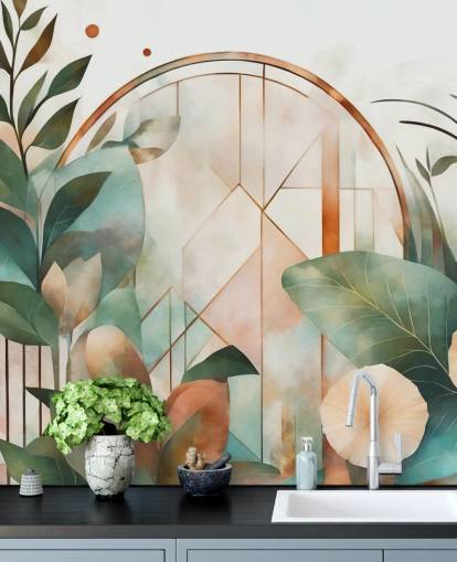 Marina Stupakovan persikka- ja vihreän art deco -kukkatapetin seinämaalaus nimeltä Art Deco Floral Geometry