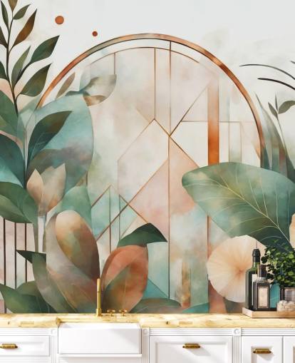 persika och grön art deco blommig tapetväggmålning kallad Art Deco Floral Geometry av Marina Stupakova