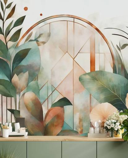 mural de papel pintado floral art deco de melocotón y verde llamado Art Deco Floral Geometry de Marina Stupakova