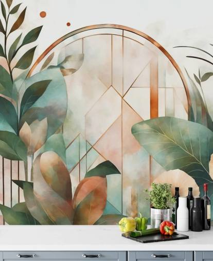 mural de papel pintado floral art deco de melocotón y verde llamado Art Deco Floral Geometry de Marina Stupakova