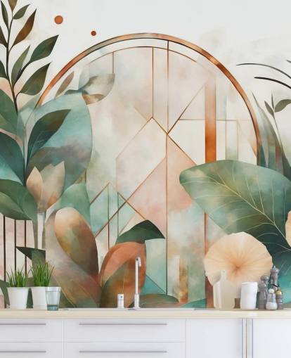 murale di carta da parati floreale art deco color pesca e verde chiamato Art Deco Floral Geometry di Marina Stupakova murale di carta da parati floreale art deco color pesca e verde chiamato Art Deco Floral Geometry di Marina Stupakova