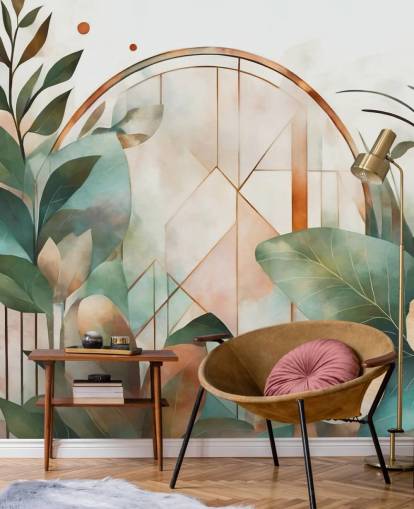pfirsichfarbenes und grünes Art-Deco-Blumentapetenwandbild namens Art Deco Floral Geometry von Marina Stupakova