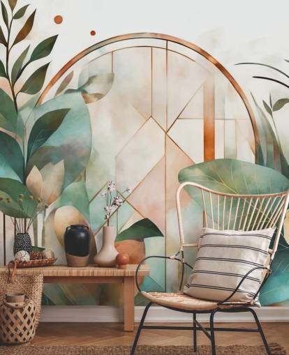 pfirsichfarbenes und grünes Art-Deco-Blumentapetenwandbild namens Art Deco Floral Geometry von Marina Stupakova