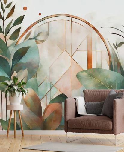 mural de papel de parede floral art déco verde e pêssego chamado Art Deco Floral Geometry de Marina Stupakova