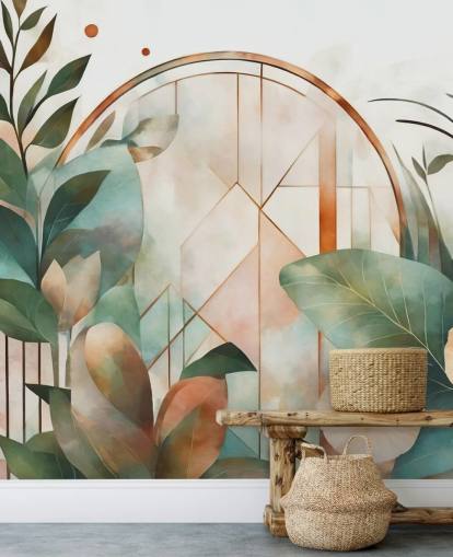 mural de papel pintado floral art deco de melocotón y verde llamado Art Deco Floral Geometry de Marina Stupakova