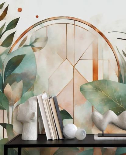 fersken og grøn art deco blomstertapet vægmaleri kaldet Art Deco Floral Geometry af Marina Stupakova