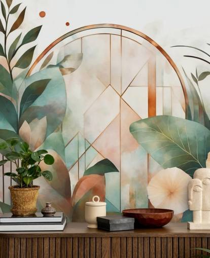 peach and green art deco floral wallpaper mural called Art Deco Floral Geometry by Marina Stupakova