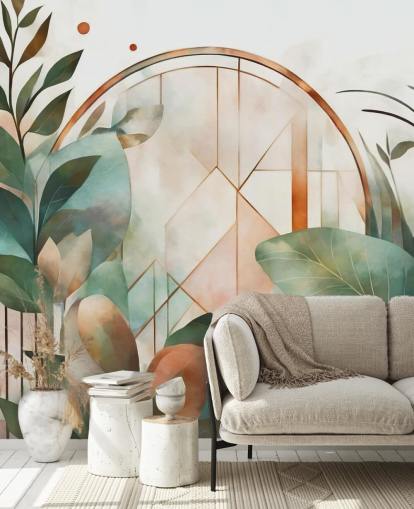 persika och grön art deco blommig tapetväggmålning kallad Art Deco Floral Geometry av Marina Stupakova