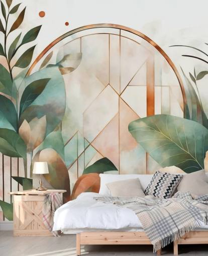 peach and green art deco floral wallpaper mural called Art Deco Floral Geometry by Marina Stupakova