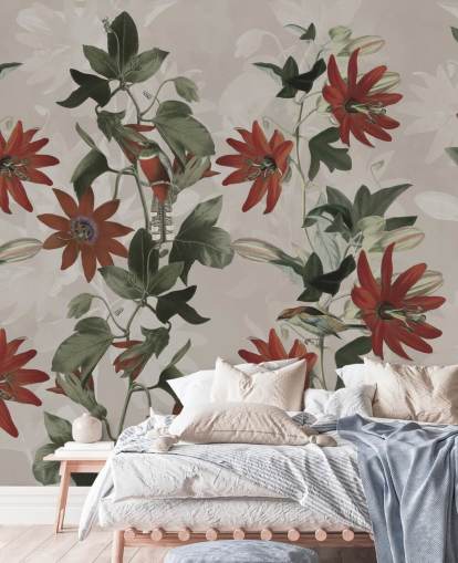 red and green floral wallpaper mural called Clematis II by Marina Stupakova for bedrooms and lounges