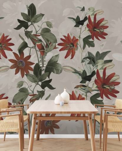mural de papel de parede floral vermelho e verde chamado Clematis II de Marina Stupakova para quartos e salões