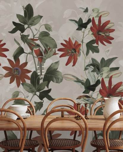 rote und grüne Blumentapete namens Clematis II von Marina Stupakova für Schlafzimmer und Lounges rote und grüne Blumentapete namens Clematis II von Marina Stupakova für Schlafzimmer und Lounges