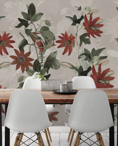 red and green floral wallpaper mural called Clematis II by Marina Stupakova for bedrooms and lounges