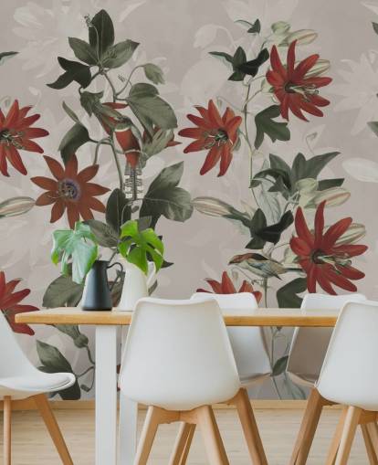 rode en groene bloemenmuurschildering genaamd Clematis II van Marina Stupakova voor slaapkamers en lounges rode en groene bloemenmuurschildering genaamd Clematis II van Marina Stupakova voor slaapkamers en lounges