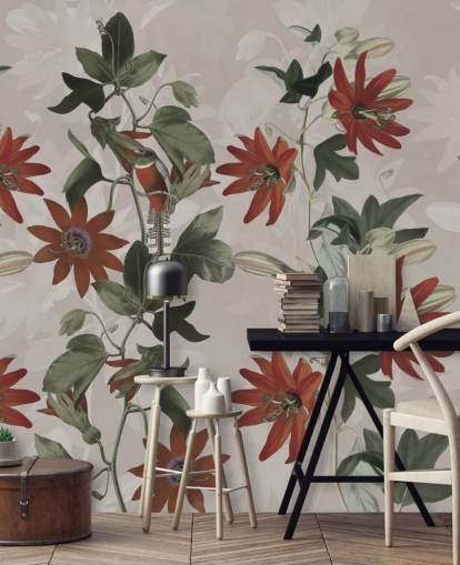 rote und grüne Blumentapete namens Clematis II von Marina Stupakova für Schlafzimmer und Lounges rote und grüne Blumentapete namens Clematis II von Marina Stupakova für Schlafzimmer und Lounges