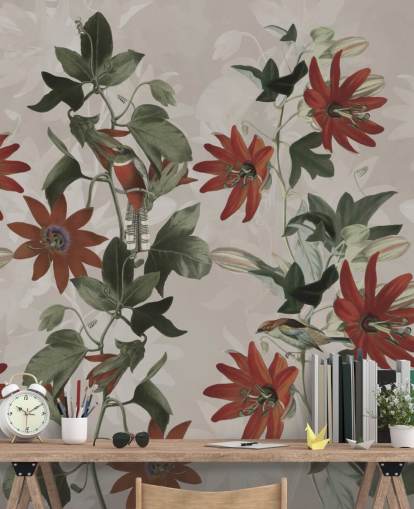 mural de papel pintado floral rojo y verde llamado Clematis II de Marina Stupakova para dormitorios y salones