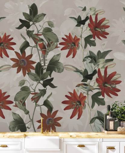 red and green floral wallpaper mural called Clematis II by Marina Stupakova for bedrooms and lounges