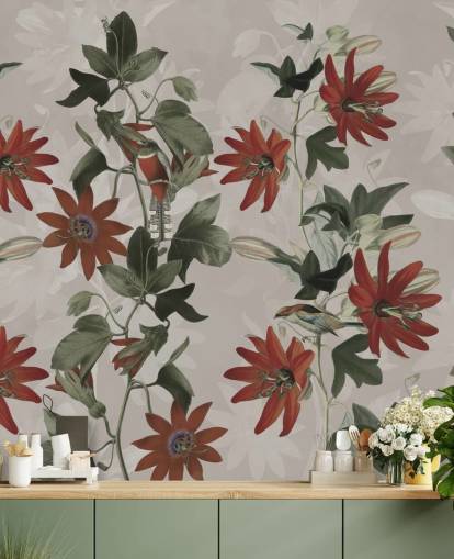 red and green floral wallpaper mural called Clematis II by Marina Stupakova for bedrooms and lounges