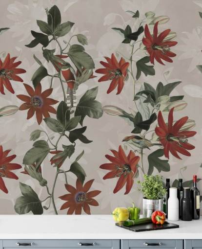 red and green floral wallpaper mural called Clematis II by Marina Stupakova for bedrooms and lounges