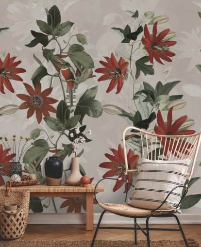 red and green floral wallpaper mural called Clematis II by Marina Stupakova for bedrooms and lounges red and green floral wallpaper mural called Clematis II by Marina Stupakova for bedrooms and lounges