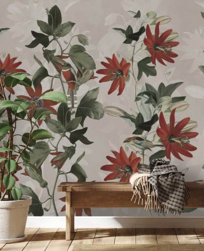 mural de papel pintado floral rojo y verde llamado Clematis II de Marina Stupakova para dormitorios y salones