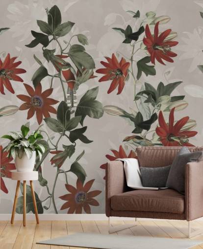 rode en groene bloemenmuurschildering genaamd Clematis II van Marina Stupakova voor slaapkamers en lounges rode en groene bloemenmuurschildering genaamd Clematis II van Marina Stupakova voor slaapkamers en lounges